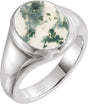 14K Gold Oval Natural Moss Agate Bezel-Set Cabochon Ring - White Gold