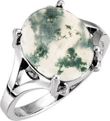 14K Gold Oval Natural Moss Agate Cabochon Ring - White Gold