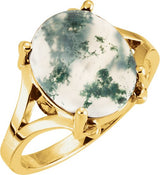 14K Gold Oval Natural Moss Agate Cabochon Ring - Yellow Gold