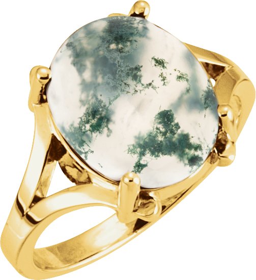 14K Gold Oval Natural Moss Agate Cabochon Ring - Yellow Gold