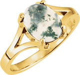 14K Gold Oval Natural Moss Agate Cabochon Ring - Yellow Gold
