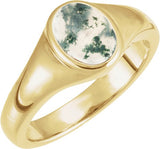14K Gold Oval Natural Moss Agate Bezel-Set Cabochon Ring - Yellow Gold