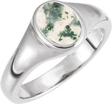 14K Gold Oval Natural Moss Agate Bezel-Set Cabochon Ring - White Gold