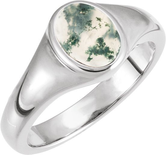 14K Gold Oval Natural Moss Agate Bezel-Set Cabochon Ring - White Gold