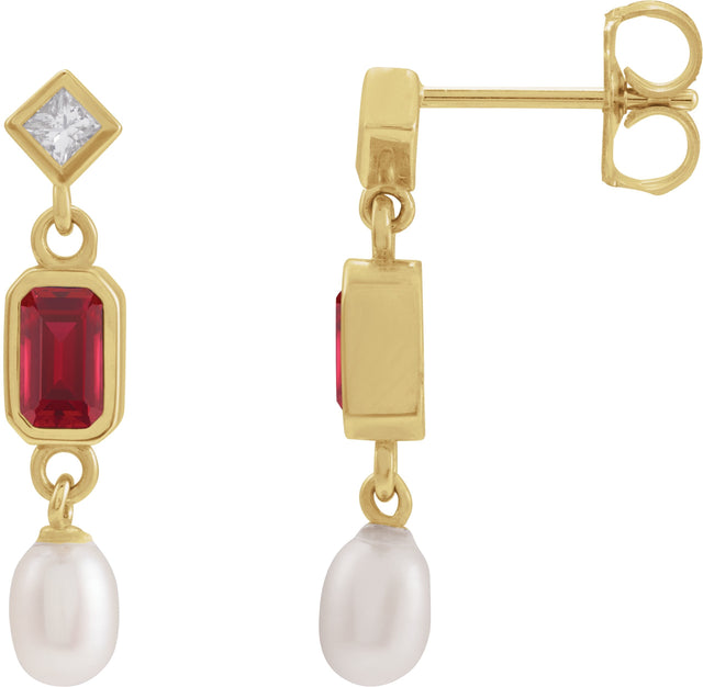 14K Gold Emerald Lab-Grown Ruby & Cultured White Akoya Pearl & Natural Diamond Accented Pearl Earrings - Yellow Gold