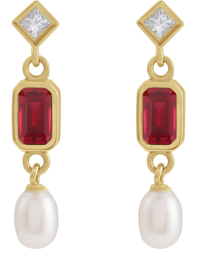 14K Gold Emerald Lab-Grown Ruby & Cultured White Akoya Pearl & Natural Diamond Accented Pearl Earrings - Yellow Gold - view 2