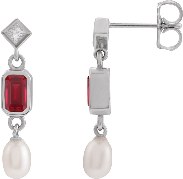 Platinum Emerald Lab-Grown Ruby & Cultured White Akoya Pearl & Natural Diamond Accented Pearl Earrings