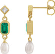 14K Gold Emerald Lab-Grown Emerald & Cultured White Akoya Pearl & Natural Diamond Accented Pearl Earrings - Yellow Gold