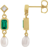 14K Gold Emerald Lab-Grown Emerald & Cultured White Akoya Pearl & Natural Diamond Accented Pearl Earrings - Yellow Gold