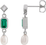 Platinum Emerald Lab-Grown Emerald & Cultured White Akoya Pearl & Natural Diamond Accented Pearl Earrings