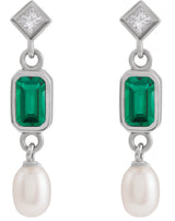 Platinum Emerald Lab-Grown Emerald & Cultured White Akoya Pearl & Natural Diamond Accented Pearl Earrings - view 2