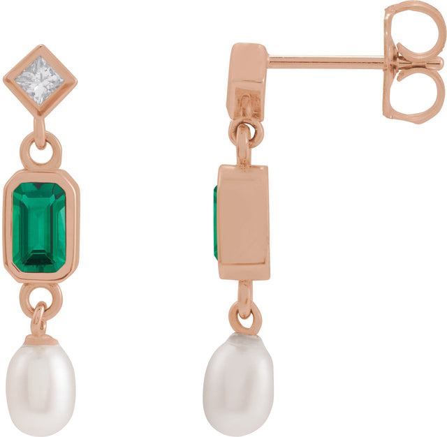14K Gold Emerald Lab-Grown Emerald & Cultured White Akoya Pearl & Natural Diamond Accented Pearl Earrings - Rose Gold