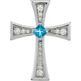 14K Gold Square Natural Swiss Blue Topaz & Natural Diamond Cross Pendant - White Gold