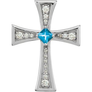 14K Gold Square Natural Swiss Blue Topaz & Natural Diamond Cross Pendant - White Gold