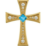 14K Gold Square Natural Swiss Blue Topaz & Natural Diamond Cross Pendant - Yellow Gold