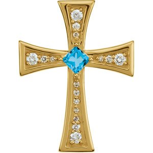 14K Gold Square Natural Swiss Blue Topaz & Natural Diamond Cross Pendant - Yellow Gold