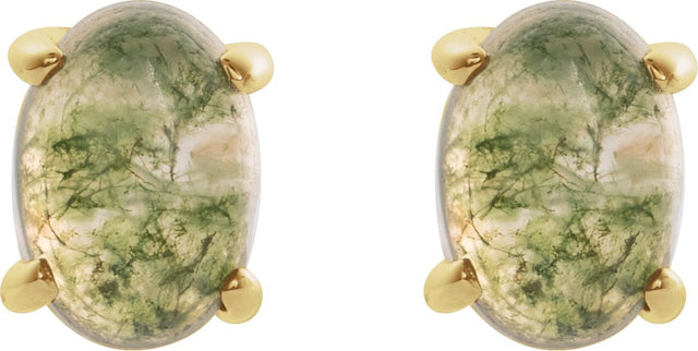 14K Gold Natural Moss Agate Oval 4-Prong Cabochon Earrings - Yellow Gold - view 2