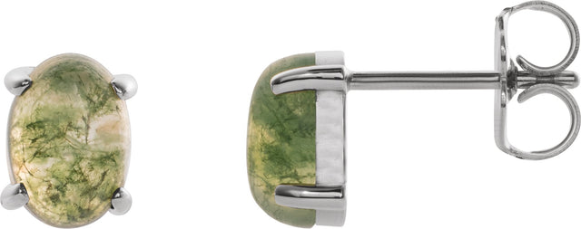 14K Gold Natural Moss Agate Oval 4-Prong Cabochon Earrings - White Gold