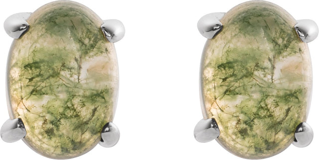 14K Gold Natural Moss Agate Oval 4-Prong Cabochon Earrings - White Gold - view 2