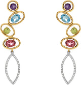14K Gold Natural Pink Tourmaline & Natural Swiss Blue Topaz & Natural Amethyst & Natural Peridot & Natural Diamond Multi-Gemstone Earrings - view 2