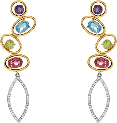 14K Gold Natural Pink Tourmaline & Natural Swiss Blue Topaz & Natural Amethyst & Natural Peridot & Natural Diamond Multi-Gemstone Earrings - view 2