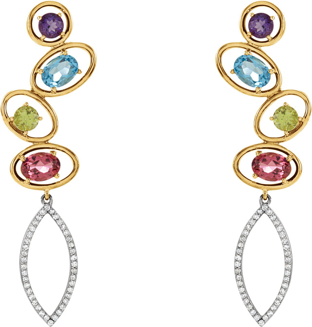 14K Gold Natural Pink Tourmaline & Natural Swiss Blue Topaz & Natural Amethyst & Natural Peridot & Natural Diamond Multi-Gemstone Earrings - view 2