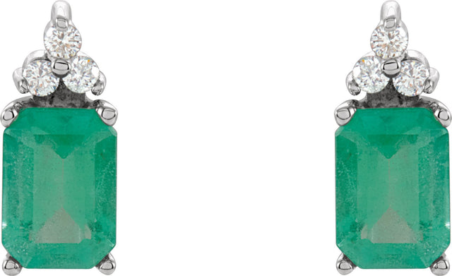 14K Gold Natural Emerald & Natural Diamond Emerald 4-Prong Accented Stud Earrings - view 2