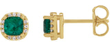 14K Gold Lab-Grown Emerald & Natural Diamond Cushion Halo-Style Stud Earrings - Yellow Gold