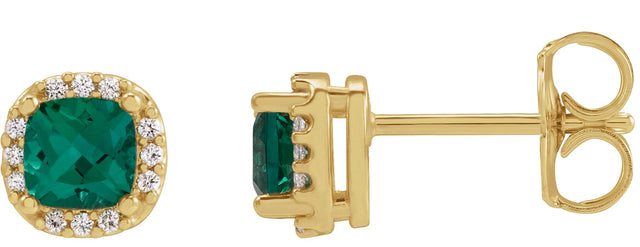 14K Gold Lab-Grown Emerald & Natural Diamond Cushion Halo-Style Stud Earrings - Yellow Gold