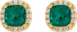 14K Gold Lab-Grown Emerald & Natural Diamond Cushion Halo-Style Stud Earrings - Yellow Gold - view 2