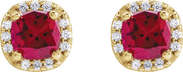 14K Gold Lab-Grown Ruby & Natural Diamond Cushion Halo-Style Stud Earrings - Yellow Gold - view 2