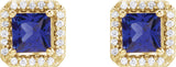 14K Gold Lab-Grown Blue Sapphire Square 4-Prong Halo-Style Earring - Yellow Gold - view 4