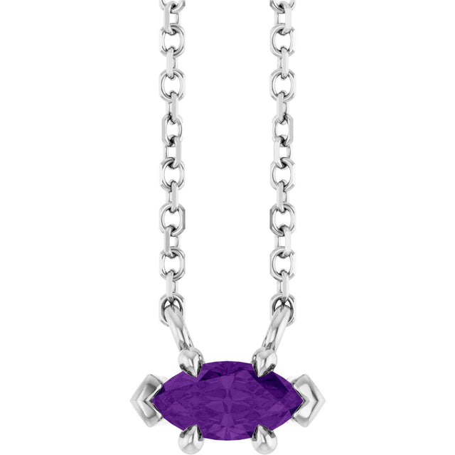 14K Gold Marquise Natural Amethyst Solitaire Necklace - White Gold
