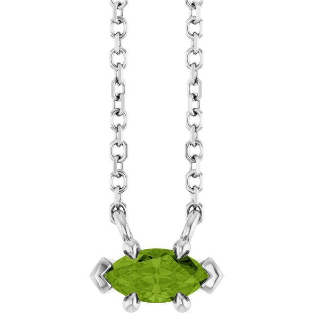 14K Gold Marquise Natural Peridot Solitaire Necklace - White Gold