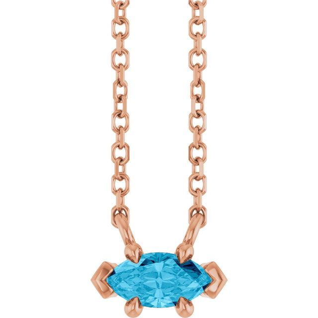 14K Gold Marquise Natural Aquamarine Solitaire Necklace - Rose Gold