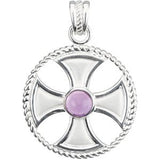 14K Gold Round Natural Amethyst Rope Maltese Cross Pendant - White Gold
