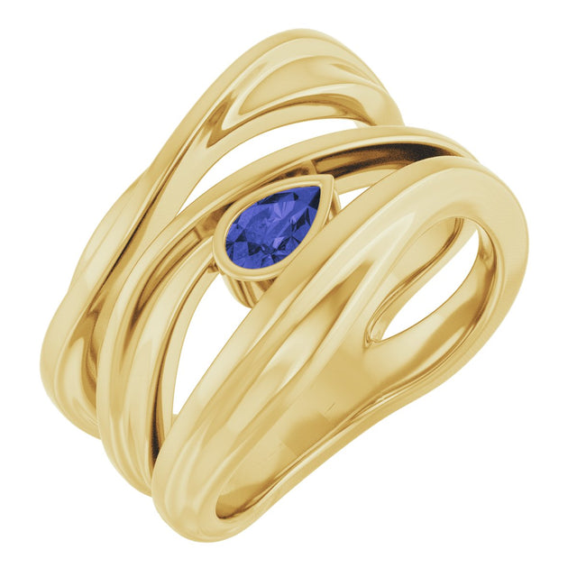 14K Gold Pear Natural Iolite Accented Negative Space Ring - Yellow Gold