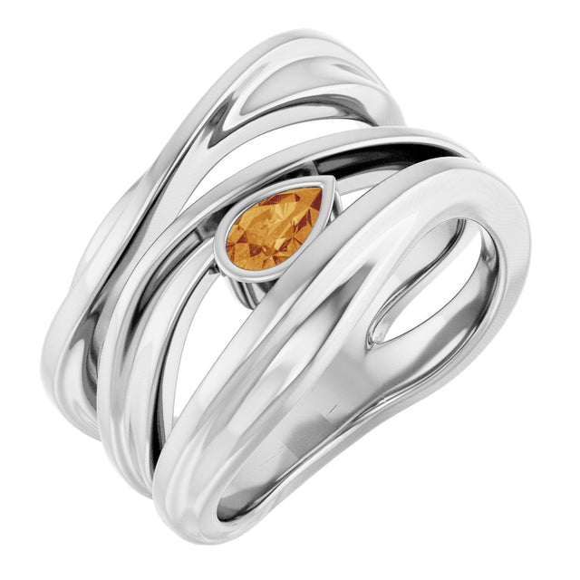 14K Gold Pear Natural Citrine Accented Negative Space Ring - White Gold