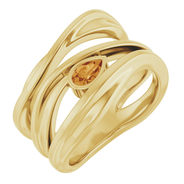 14K Gold Pear Natural Citrine Accented Negative Space Ring - Yellow Gold