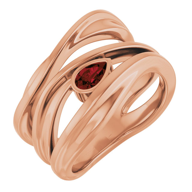 14K Gold Pear Natural Mozambique Garnet Accented Negative Space Ring - Rose Gold