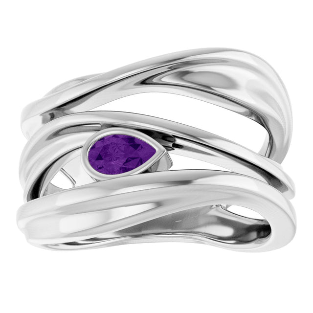 14K Gold Pear Natural Amethyst Accented Negative Space Ring - White Gold - view 3