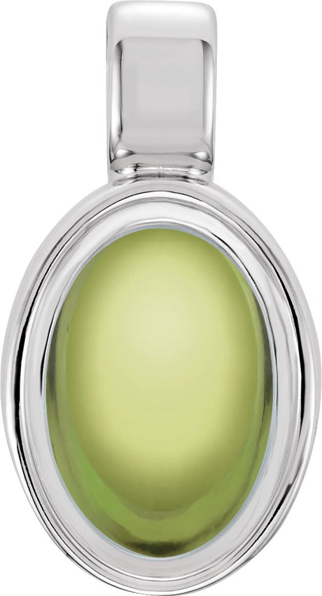 14K Gold Natural Peridot Oval Bezel-Set Cabochon Pendant - White Gold
