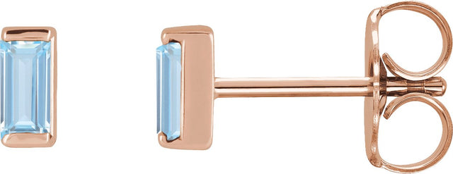 14K Gold Lab-Grown Aqua Sapphire Straight Baguette Channel-Set Stud Earrings – 4x2mm – 4mm Stones - Rose Gold