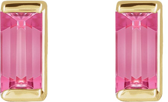14K Gold Natural Pink Tourmaline Straight Baguette Channel-Set Stud Earrings – 4x2mm – 4mm Stones - Yellow Gold - view 2