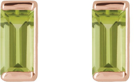 14K Gold Natural Peridot Straight Baguette Channel-Set Stud Earrings – 4x2mm – 4mm Stones - view 2