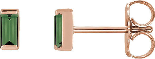 14K Gold Natural Green Tourmaline Straight Baguette Channel-Set Stud Earrings – 4x2mm – 4mm Stones - Rose Gold