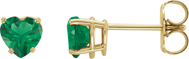 14K Gold Lab-Grown Emerald Heart 4-Prong Stud Earrings - Yellow Gold