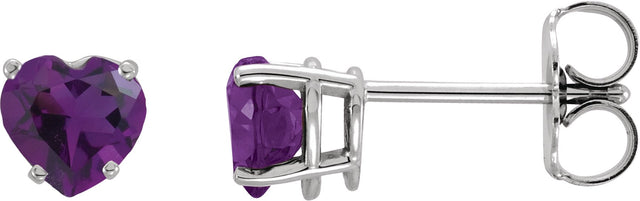 14K Gold Natural Amethyst Heart 4-Prong Stud Earrings - White Gold