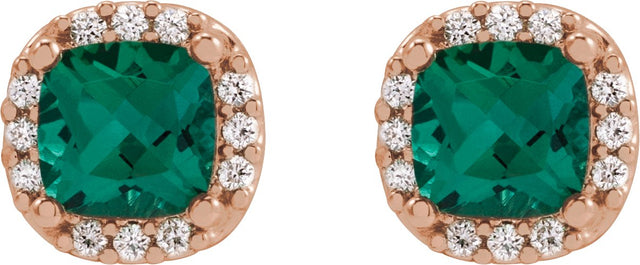 14K Gold Lab-Grown Emerald & Natural Diamond Cushion Halo-Style Stud Earrings - Rose Gold - view 2