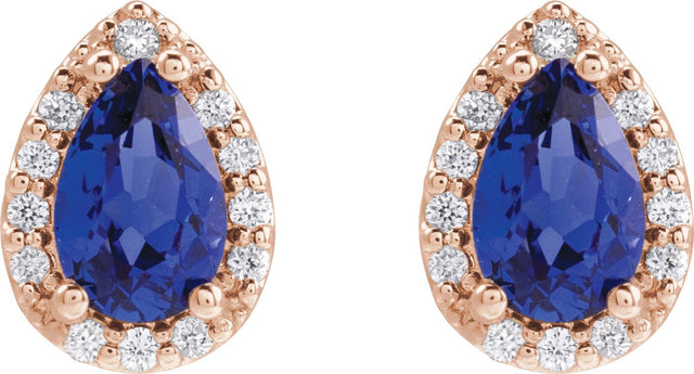 14K Gold Lab-Grown Blue Sapphire Pear 4-Prong Halo-Style Low Stud Earring - Rose Gold - view 6